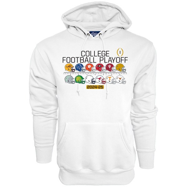 white hooded sweatshirt with College Football Playoff 2024-25 and 12 team helmets